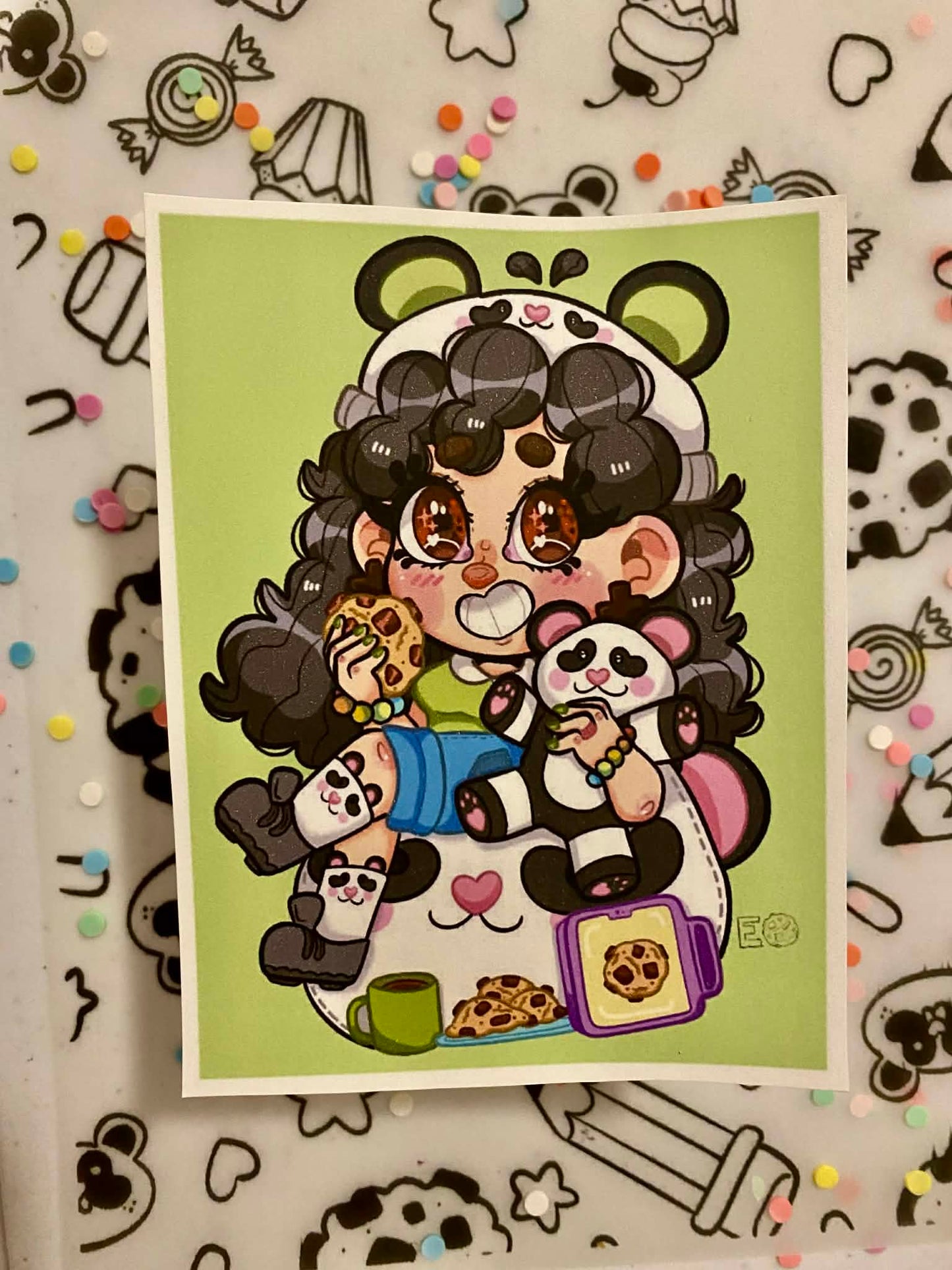 My OC character cookie and her panda friend mini art print