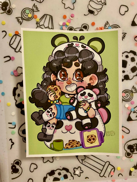 My OC character cookie and her panda friend mini art print